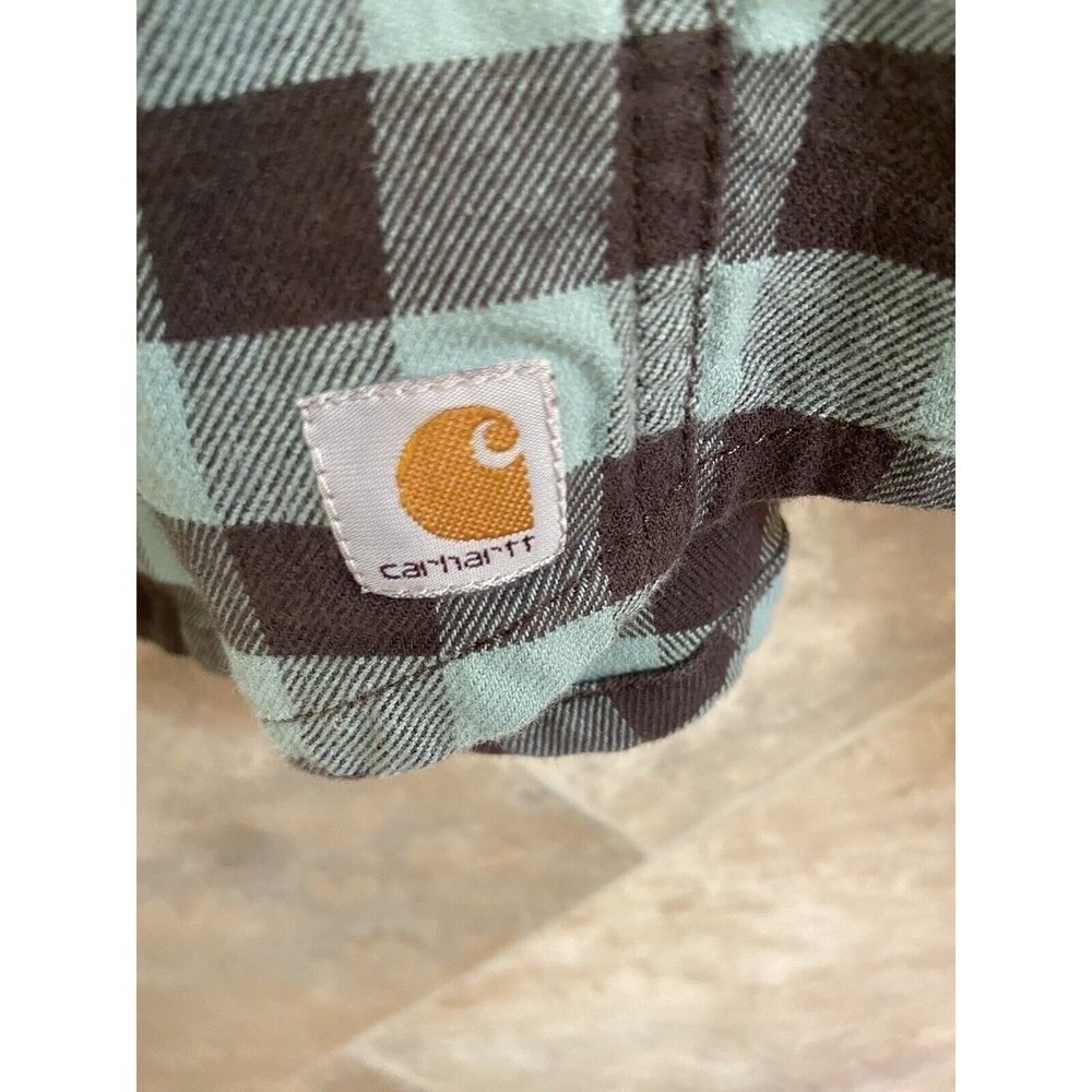 Carhartt Womens Small Green Brown Plaid Flannel Work Shirt Casual Button Up - Picture 7 of 9